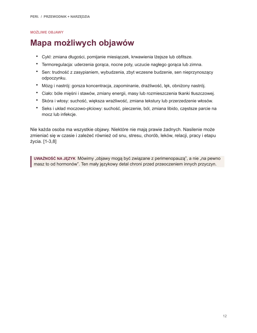 Podgląd strony przewodnika: Mapa możliwych objawów. Uporządkowany przegląd zmian: cykl, sen, nastrój, ciało, skóra i intymność.