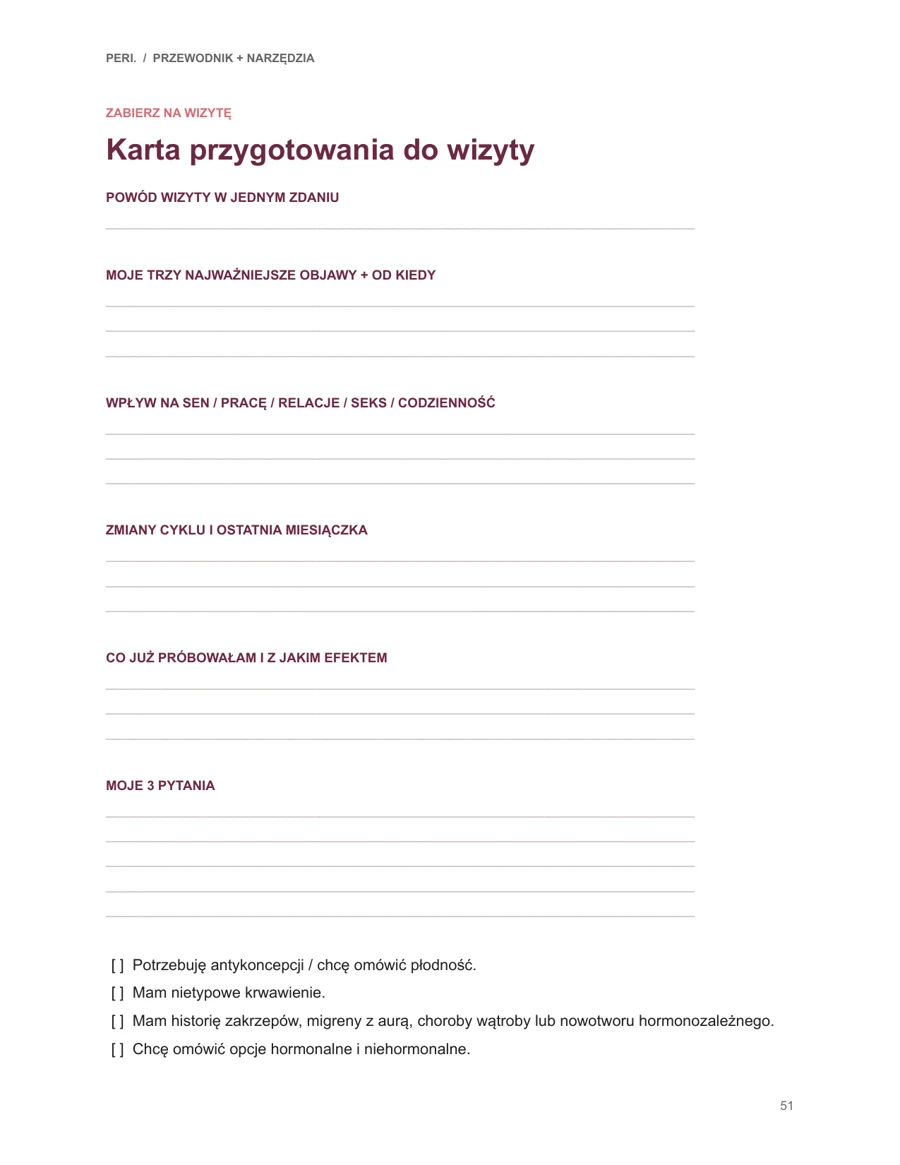 Podgląd strony przewodnika: Karta przygotowania do wizyty. Jedna kartka, którą zabierasz do lekarki: objawy, leki, pytania.